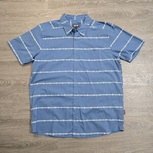 Patagonia Button Up Shirt Organic Cotton Hemp Leaf Print Short Sleeve Blue Men L
